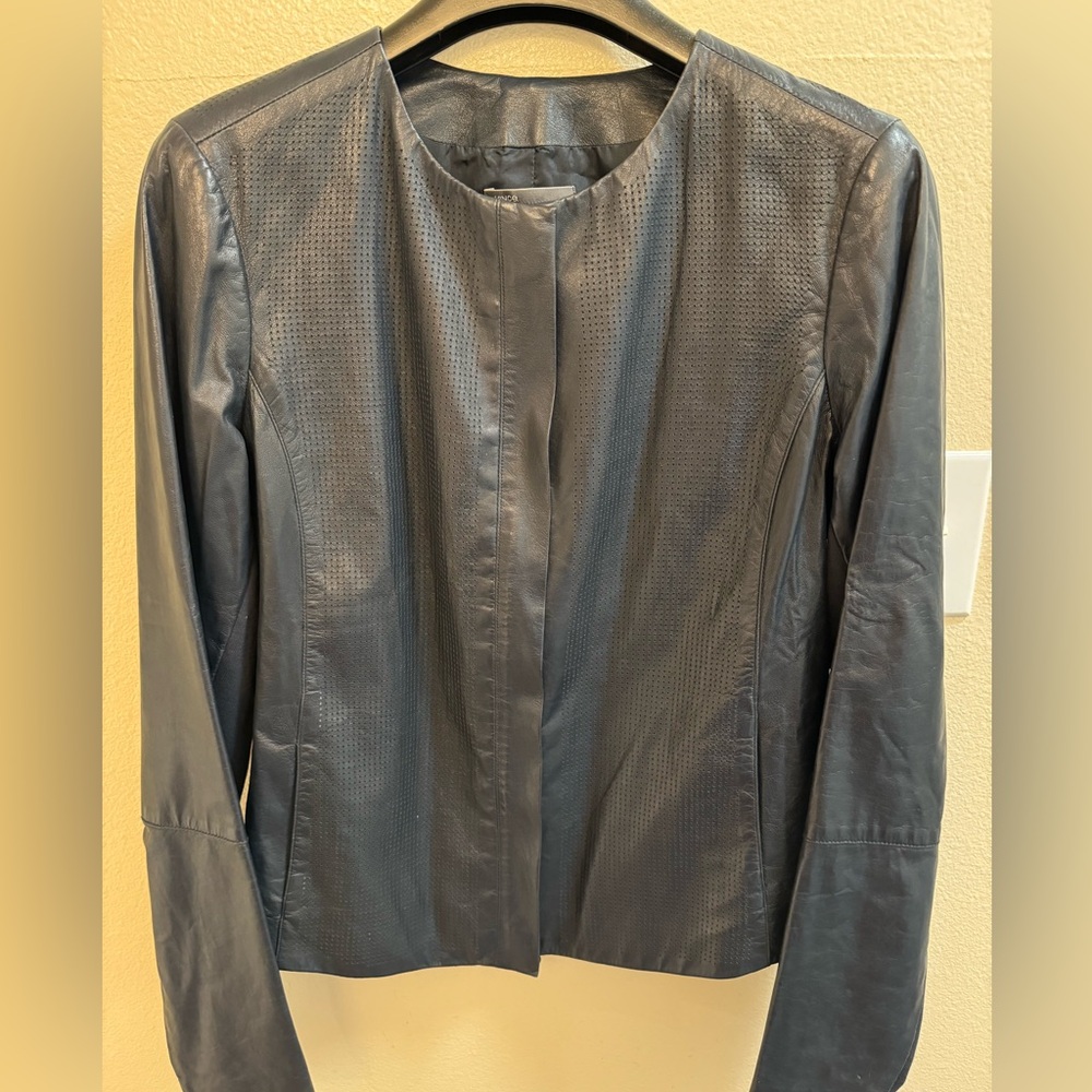 Vince leather perforated collarless biker jacket, navy SzL, never worn